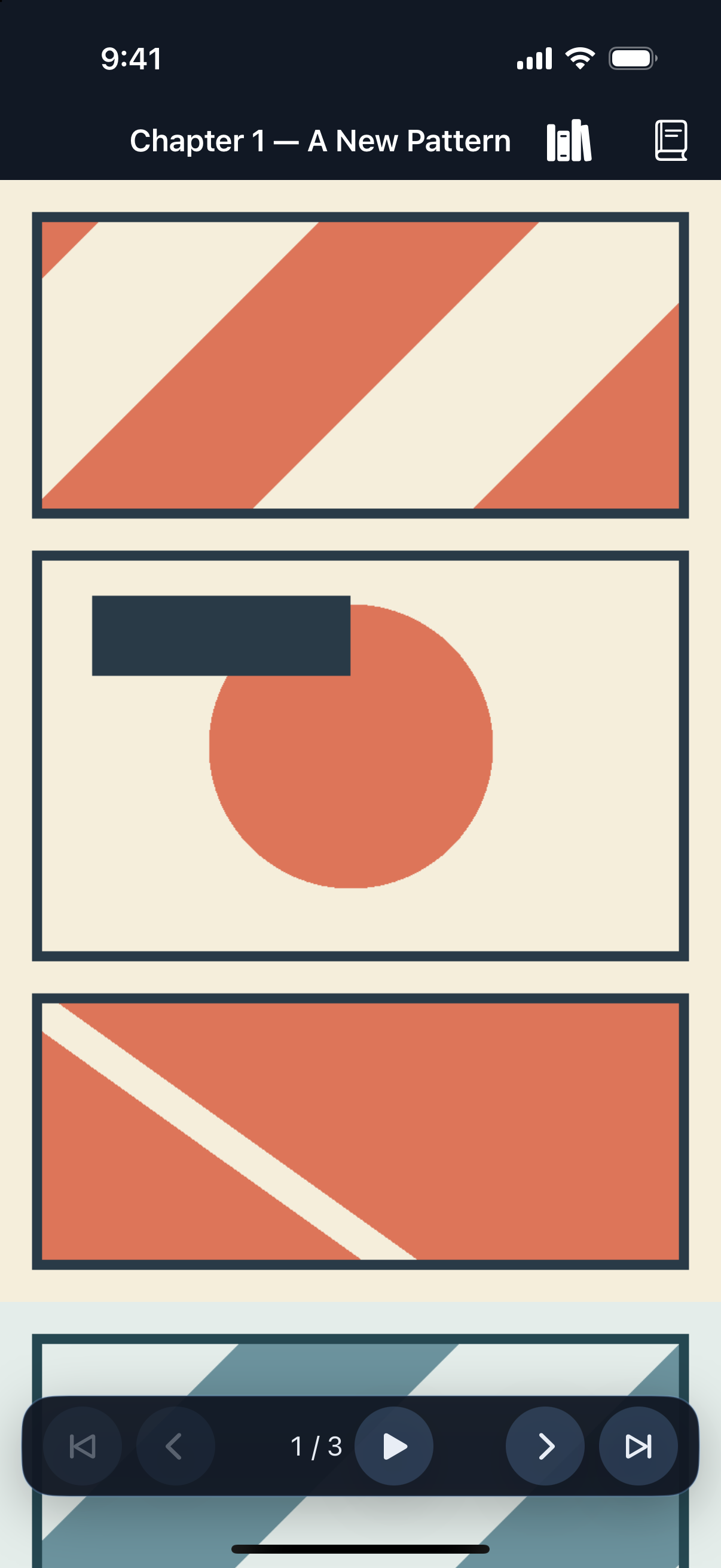 Yomiria reader showing original geometric artwork, chapter title, and page controls